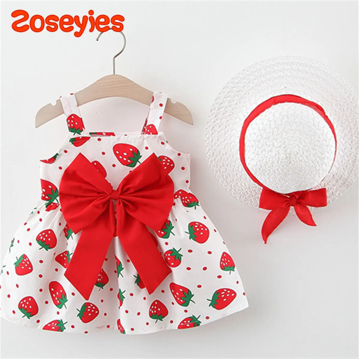 Summer Baby Girl\'s Dress Small Round Dot Strawberry Print Chest Bow Daily Casual Dress with Hat