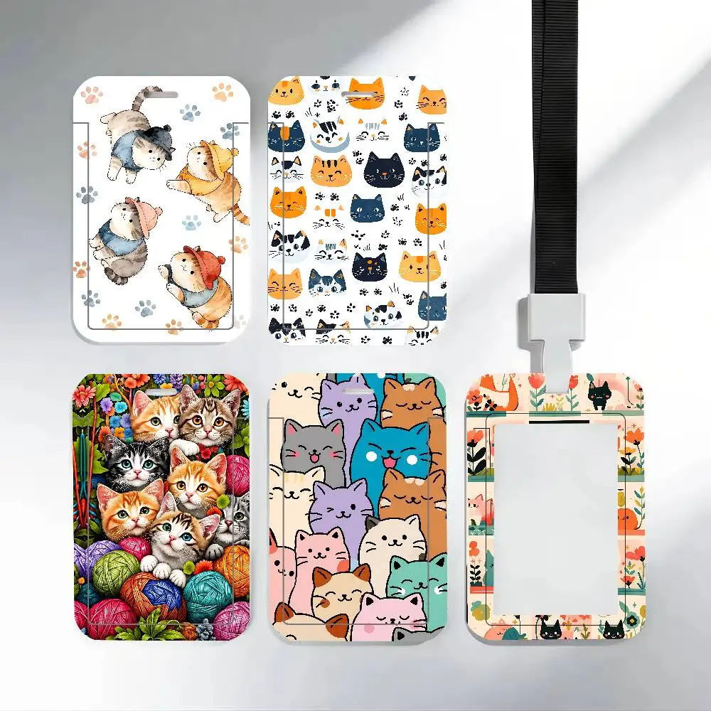 Colorful Cartoon Cat Pattern ID Badge Holder With Lanyard Neck Strap For Office School Name Card Credentials Case