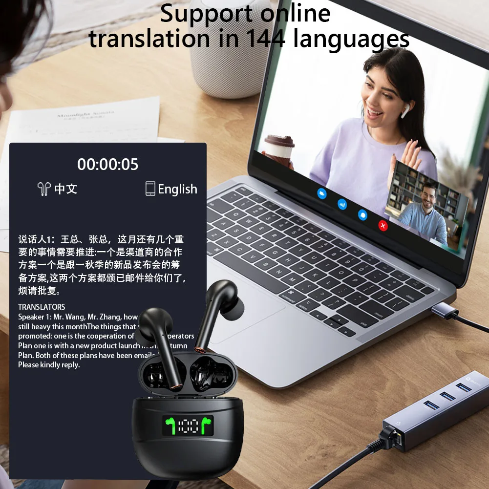 หูฟังการแปล BT ไร้สายการตัดเสียงรบกวนแบบเรียลไทม์ Ai แปลหูฟังหูฟังสําหรับธุรกิจการท่องเที่ยวและการเรียนรู้