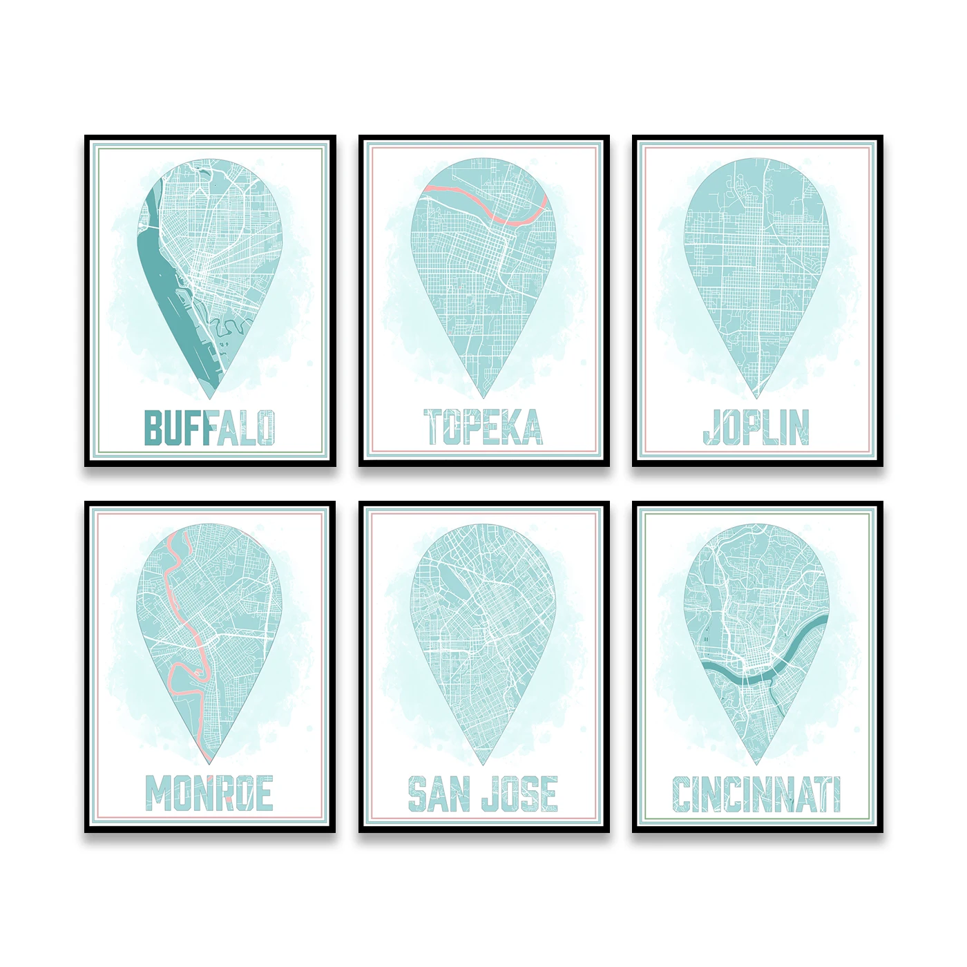 Cincinnati San Jose Monroe Sioux Falls Montgomery Topeka Joplin Buffalo Albany Denver Rochester Columbus. Плакат с картой путешествия города