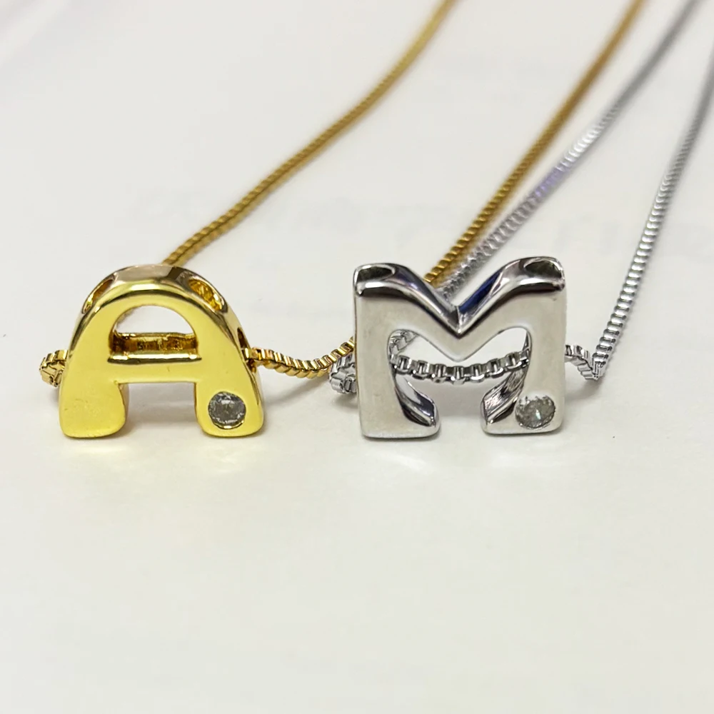 Simple Copper Zircon Capital Letter Pendant Necklace Women Vintage Gold Color Glossy Charm Steel Box Chain Collars Accessories