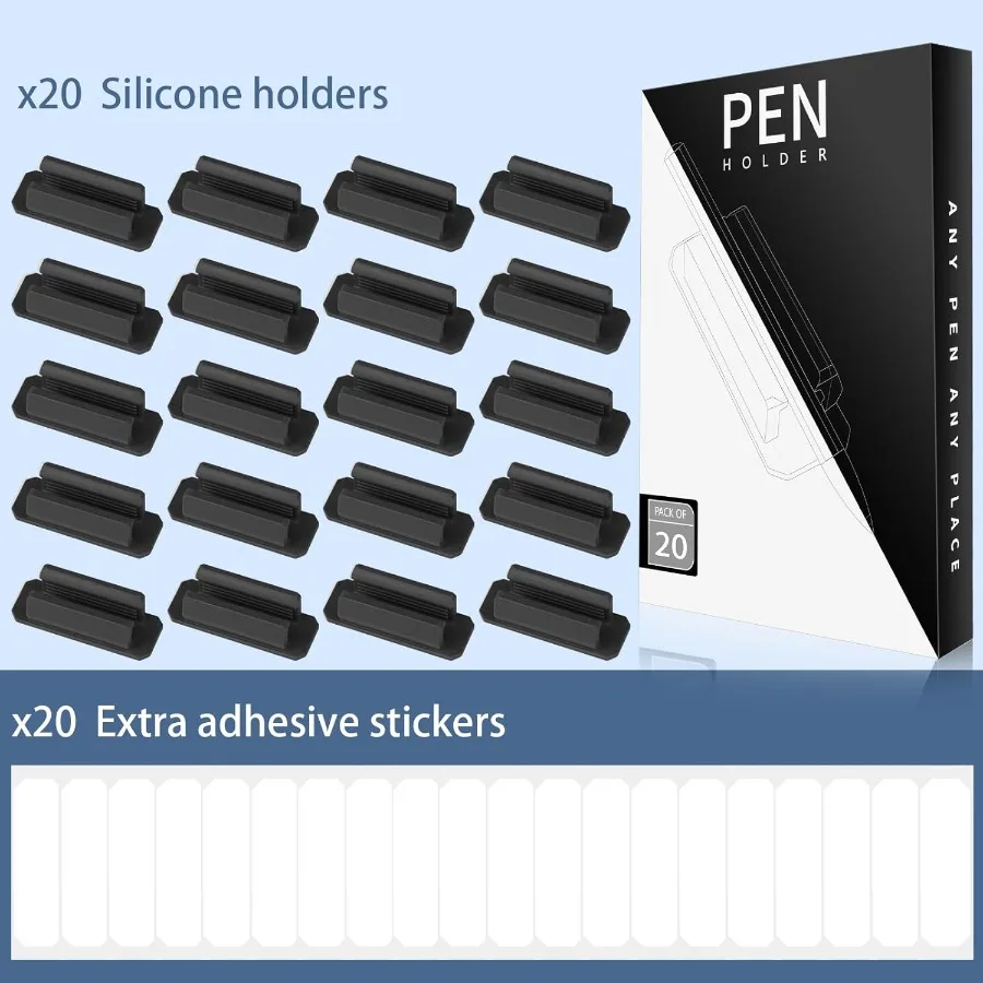 حامل قشرة لمجموعة مكتب مكونة من 20 حامل قلم لاصق مع 20 حامل قلم سيليكون مُحدث للغاية ومشبك قلم تحديد للجدران C #2