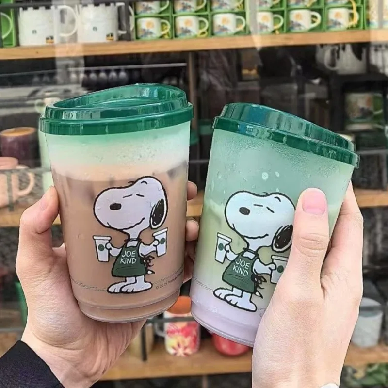Snoopy Plastic Cup with Lids Summer Ice Water Cups Cartoon Transpare Coffee Smoothie Milkshake Cold Drink Juice Drinking Cup