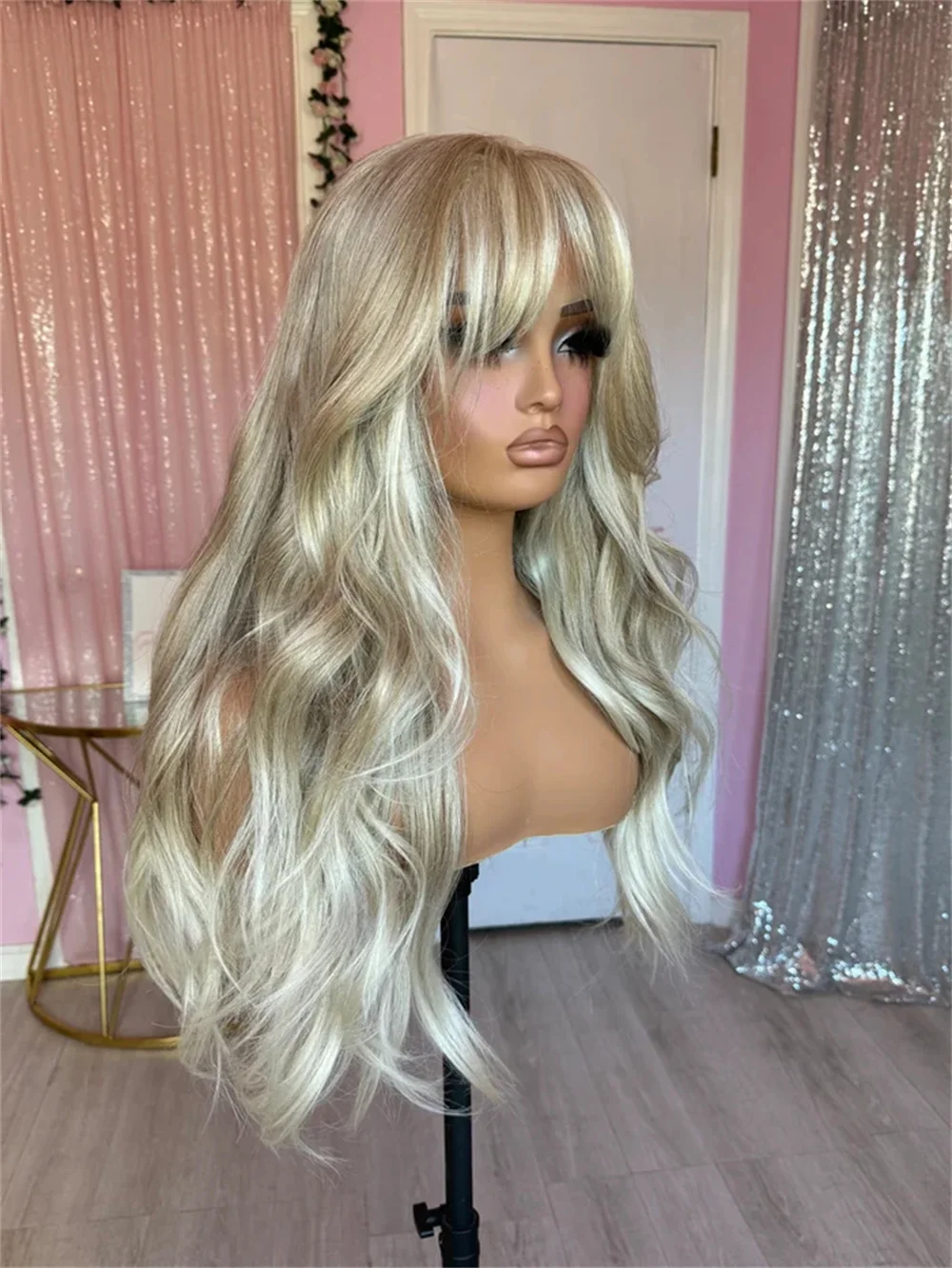 26 Inch HD Lace Front Glueless Wig with Bangs Luxury Synthetic Human Hair Blended Fiber Heat Resistant Wavy Fringe Wig for Women