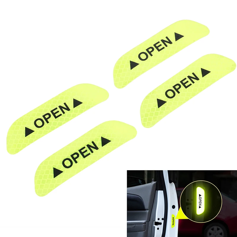 4pcs Fluorescent Green Car Door Open Sticker Reflective Tape Safety Warning Decal