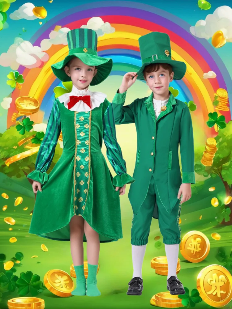 

Boys Girls Irish Gnome Leprechaun Green Fancy-dress Outfit St Patricks Day Party Costumes Kids Halloween Cosplay Costumes