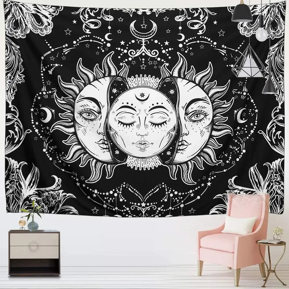 Sun Moon Tapestry Wall Hanging Stars Space Psychedelic Black and White Tapestries for Bedroom Aesthetic Home Wall Dorm Decor