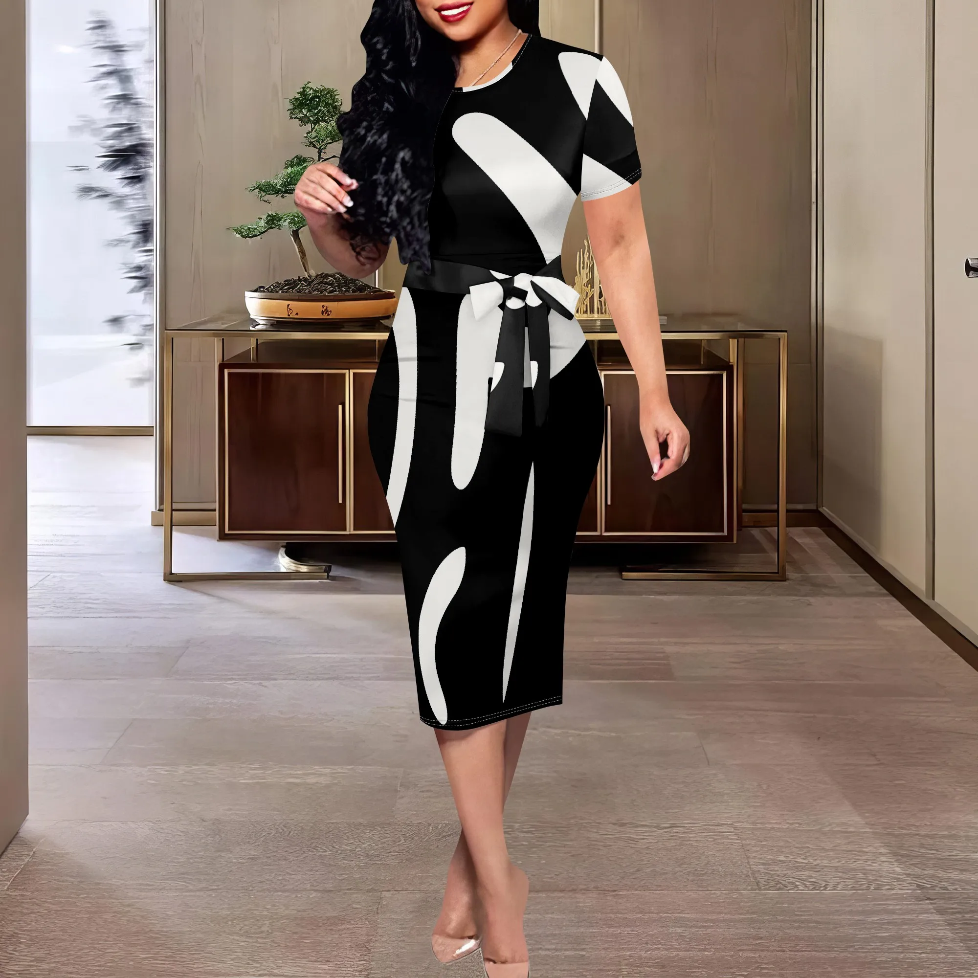 

Black & White Abstract Midi Dress XS-3XL Short Sleeve Belted Bodycon Style for Art Show, Elegant Streetwear or Business Look