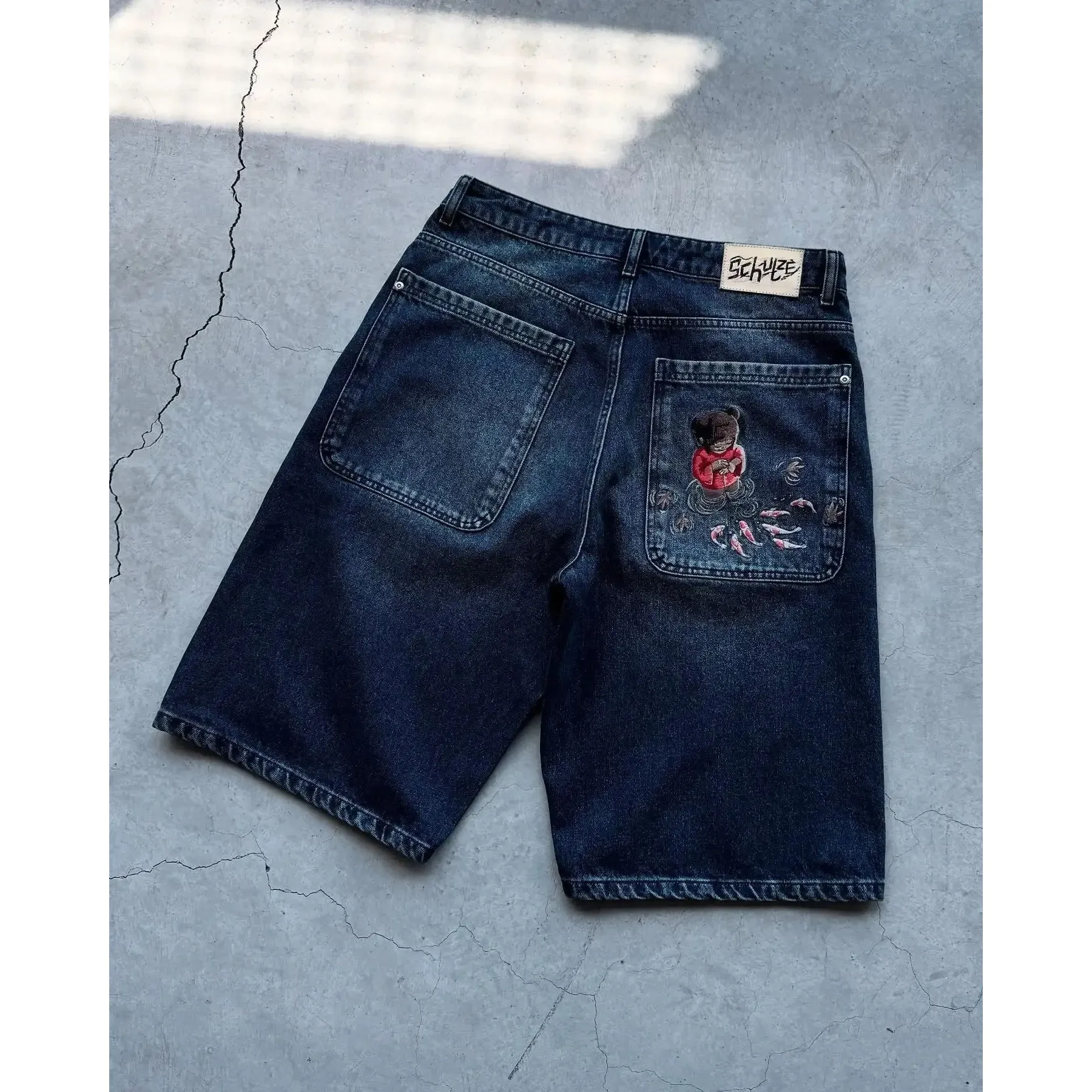 Hip Hop Cartoon Pattern Pocket Embroidery Denim Shorts Y2k R Men's Fashion Short Pants Three Acetate Fiber Winter Season