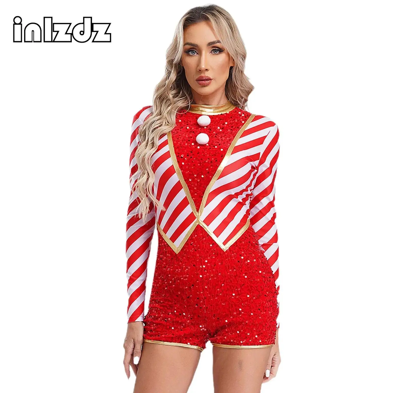 

Womens Christmas Candy Cane Bodysuit Shiny Sequins Moden Jazz Ballet Dance Gymnastics Leotard Xmas Party Performance Costume