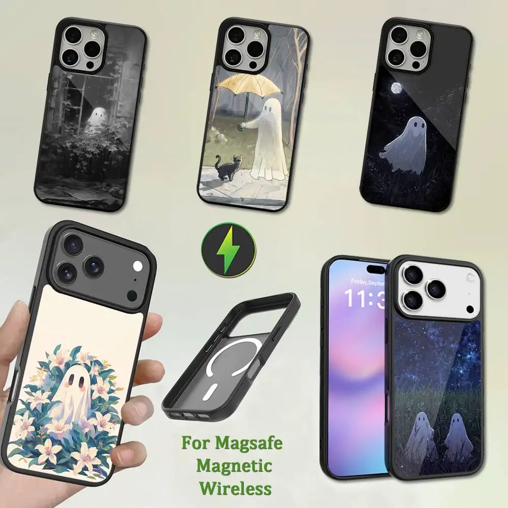 

Halloween Art Cute Ghost Case For iPhone Mini,13,Max,17,14,Plus,12,11,15,Pro,16,For Magsafe,Magnetic Wireless Charging