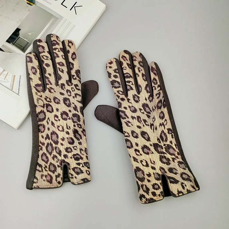 Fashion Leopard Print Suede Leather Women\'s Warm Gloves For Sports Autumn Winter Outdoor Cycling Thicken Touch Screen Driving