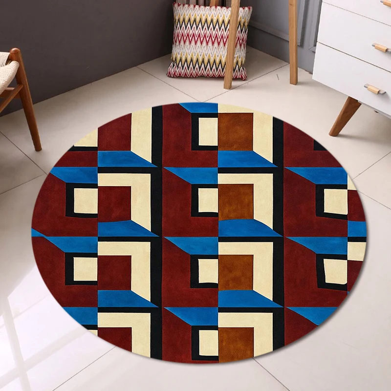Mid Century Abstract Irregular Shapes Round Rug Retro Teal Orange Block Print Carpet for Living Room Bedroom Home Decor