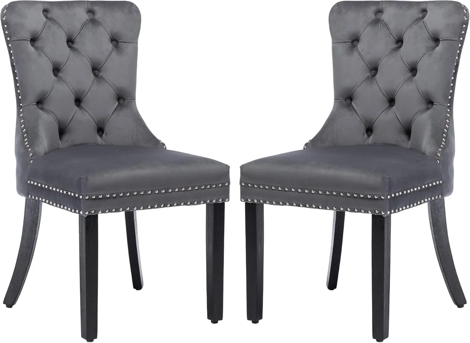 Grey，Velvet Dining Chairs Set of 2, Upholstered High-end Tufted Dining Room Chair with Nailhead Back Ring Pull Trim Solid Wood L