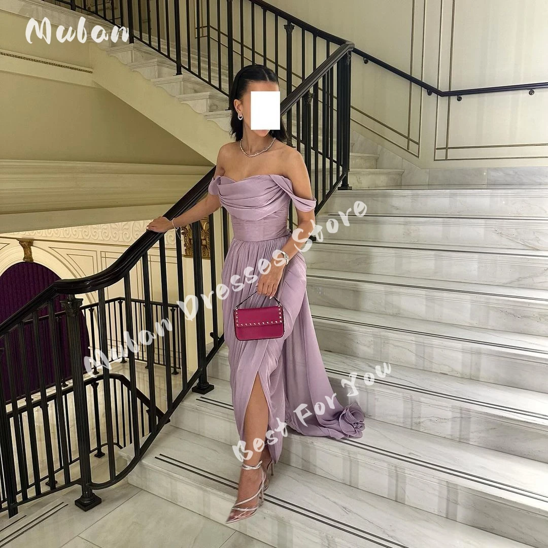 

Customized Off Shoulder Light Purple Prom Dresses Sleeveless Front Slit Party Gown Elegant Formal Occasion Dress Evening Gown