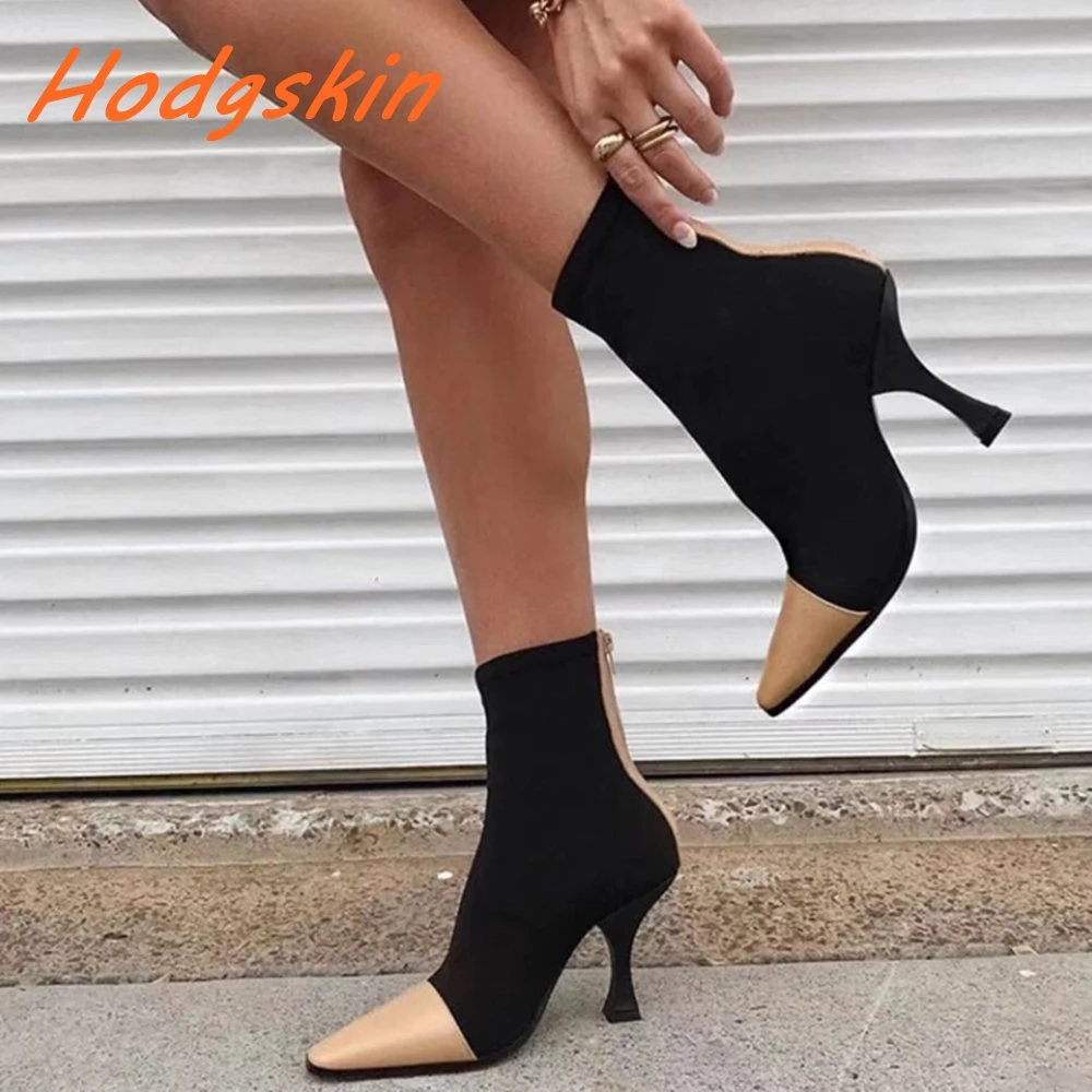 Gemengde Kleuren Sok Laarzen Puntige Neus Rits Stiletto Hakken Stretch Laarzen Nieuwste Klassieke Casual Mode Mid Calf Vrouwen Laarzen