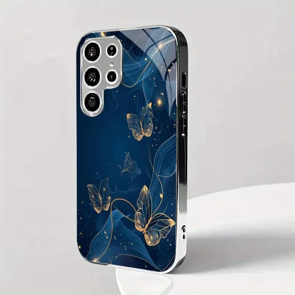 Aesthetic Ink gradient Ink Wash Blue Butterfly slim electroplated silver Phone Case for Samsung Galaxy  S25 S24