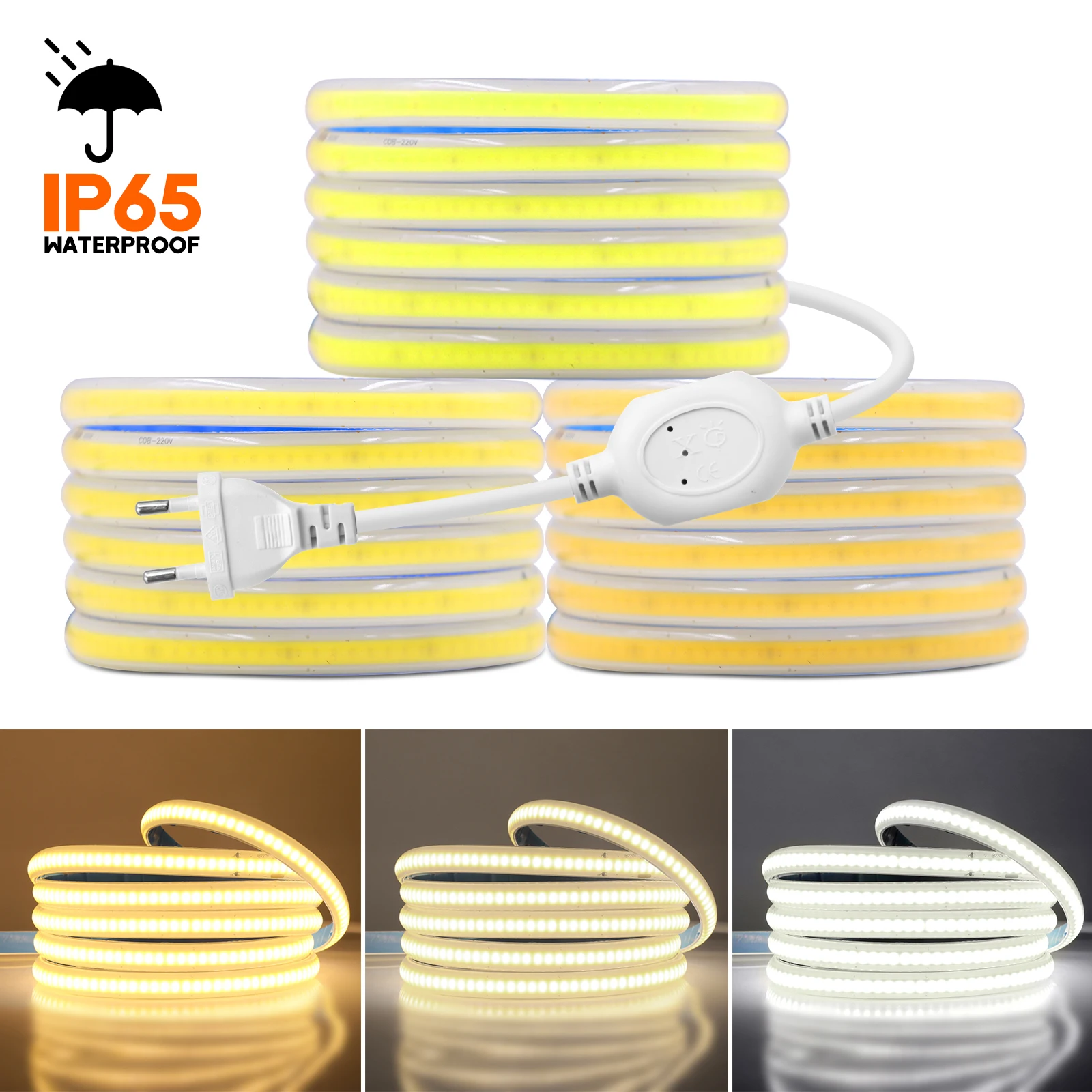 AC 220V COB LED Strip Stripe IP65 Waterproof 288Leds/m Flexible Hose Strip Tape Light Warm Natural Cold White Linear Ribbon