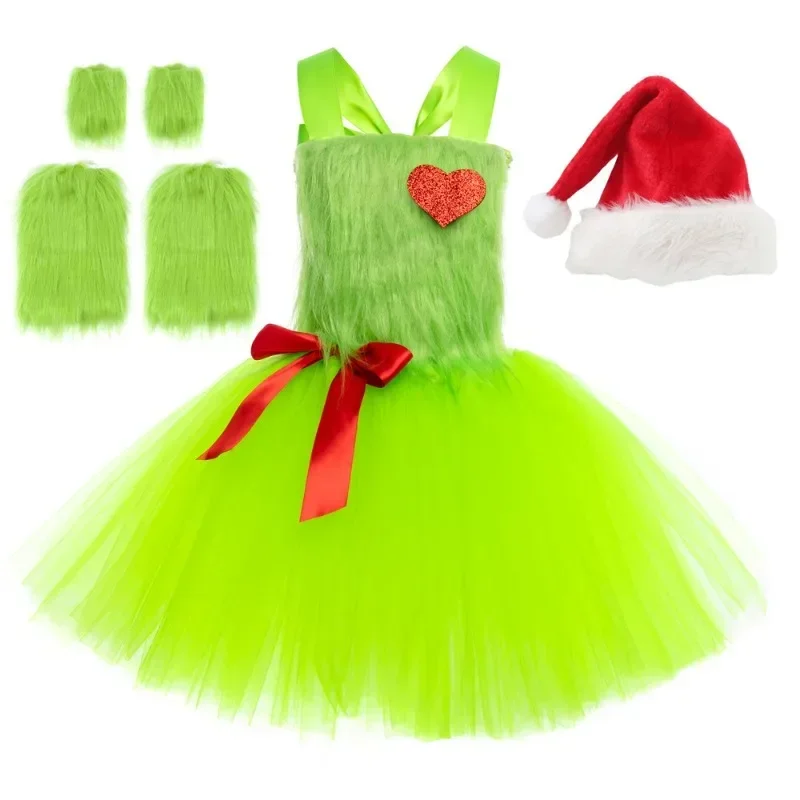 Vestido de Navidad HN8, falda para niñas europeas y americanas, disfraz de fotografía cos Grinch, falda tutú de monstruo de pelo verde, baile gripe) 4Dc