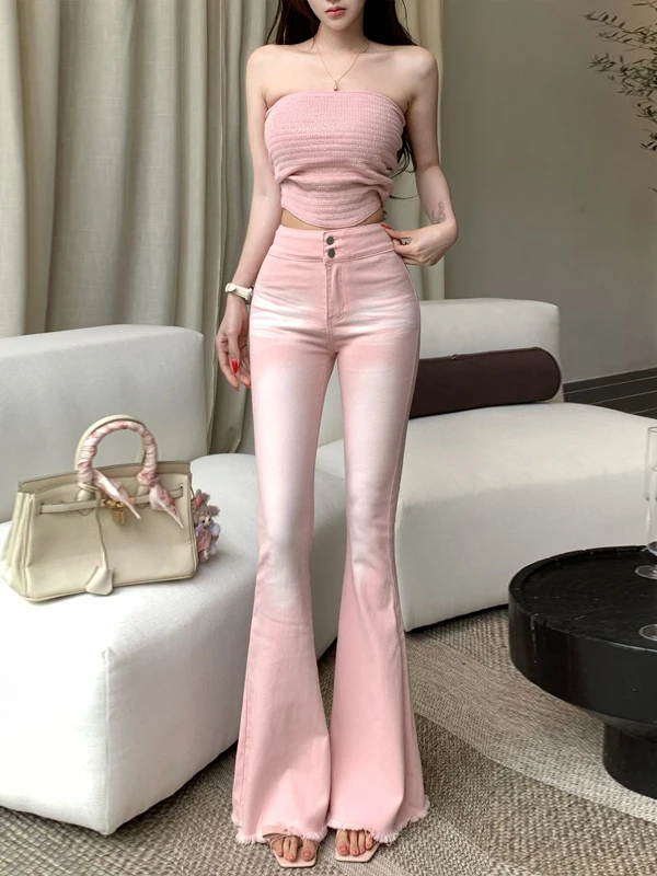 High Waist Bell Bottom Jeans Women's Elastic Fish Tail Micro Flared Pants Pink Gradient Cotton Denim Spring Autumn New Arrival