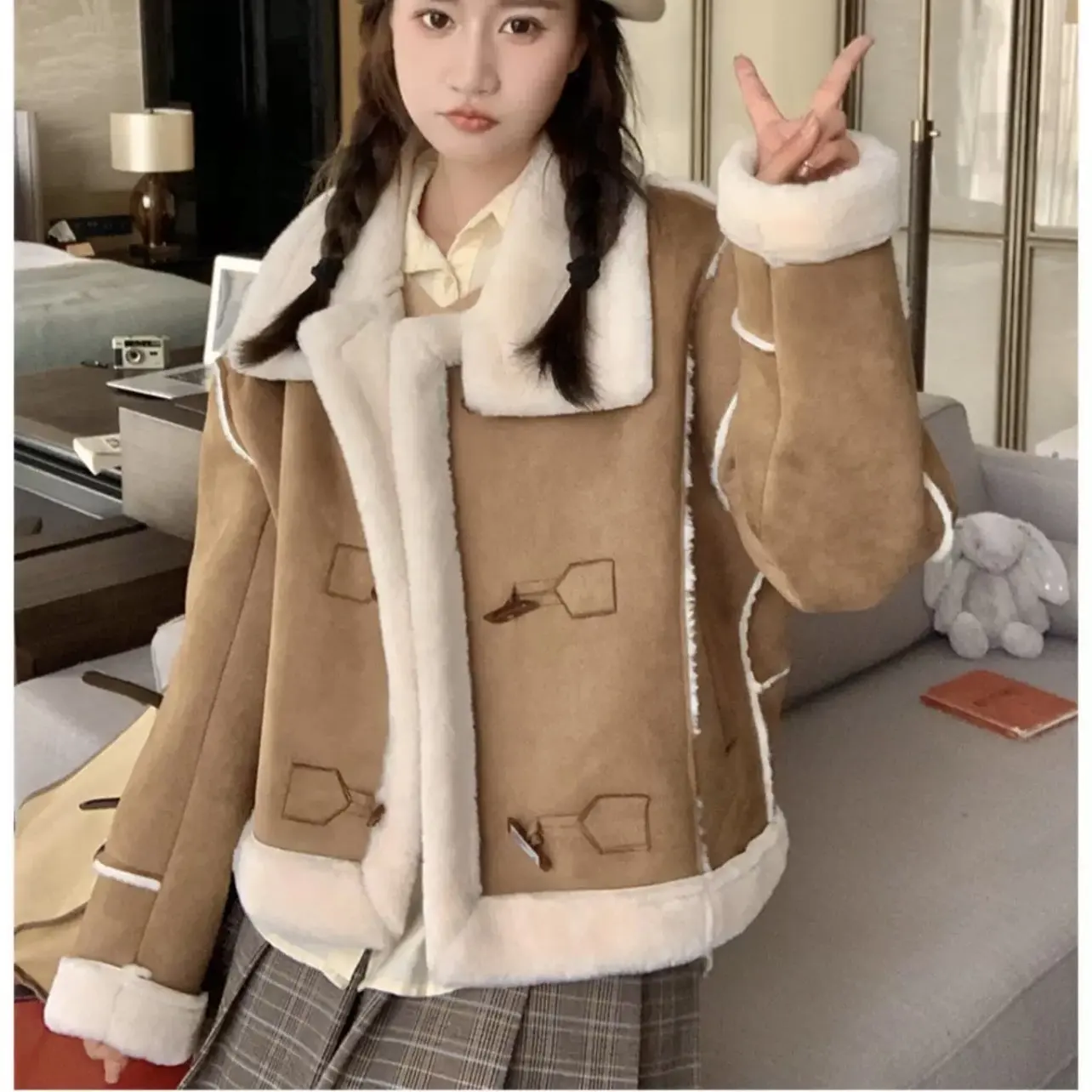 

Замшевое кожаное пальто на подкладке из овечьего меха, женское зимнее длинное хлопковое пальто Thiened Faion Sweet Cool Biker, прямое длинное пальто...