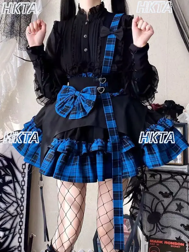Gonne Lolita con fiocco sottile a vita alta con torta stile punk scuro Subcultura quotidiana Goth Gonne con cinturino corto gonfio scozzese rosa nero da donna