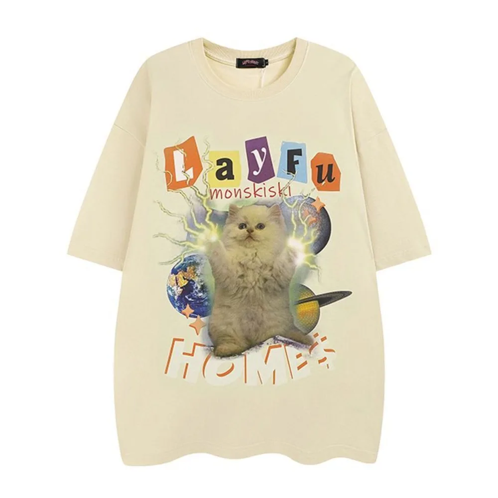 Vintage Cat Print Cute Cartoon T Shirt Women Streetwear Oversized Casual Shirts for Women Y2k Top Clothes футболка смешная
