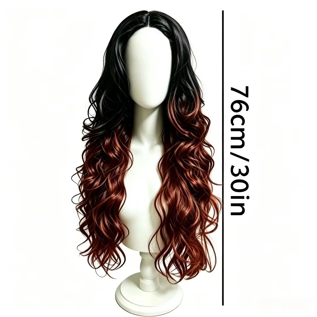 Long Wavy Ombre Wig for Women, Black to Reddish‑Brown Gradient Synthetic Wig，Wigs for cosplay,Wigs for Halloween,Costumes wigs,