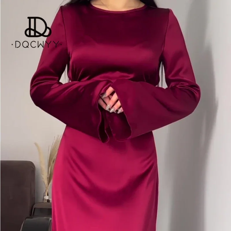 Long Dresses Spring Autumn 2024 New Lace Up Waist Slimming Lace Wine Red Color  Sleeved British Style Elegant Dresses for Women