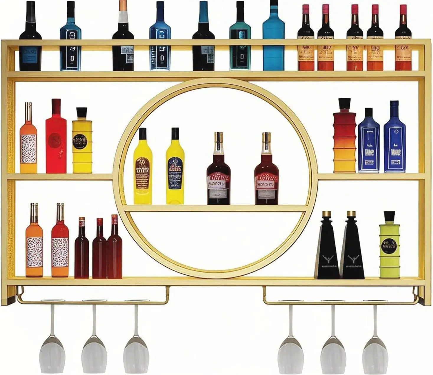 Estantes de barra flotantes de metal de 3 niveles con luz LED, botellero montado en la pared para el hogar, bar y cocina en oro (39,4 pulgadas/100 cm)