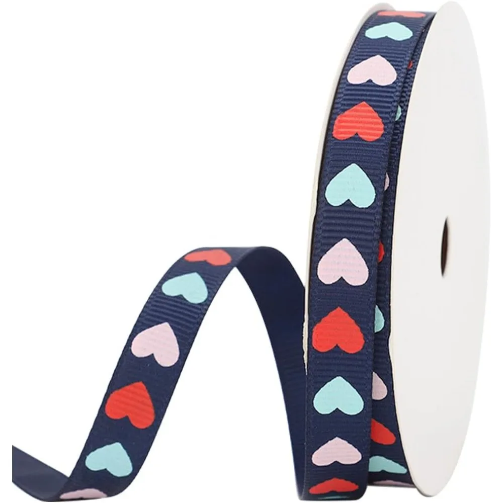 

100 Yards 3/8 Inch Valentine Ribbon Wired Blue Heart Print Ribbon Polyester Grosgrain Love Ribbons Wired Bulk with Spool