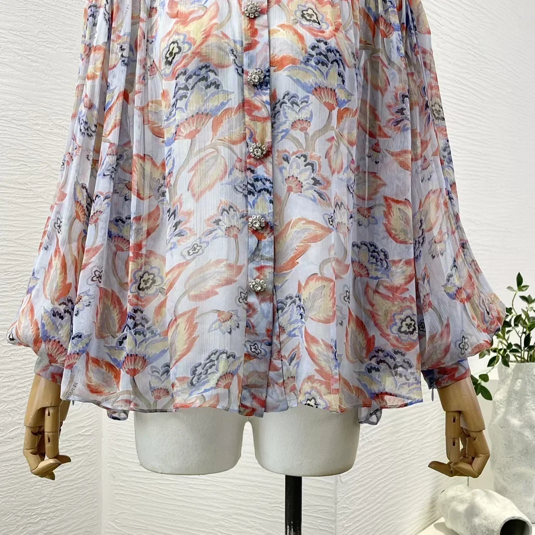 

2024 High Quality New Blue Floral Print Long Sleeve Turtleneck Shirt Women Vintage Blouse Tops for Holiday