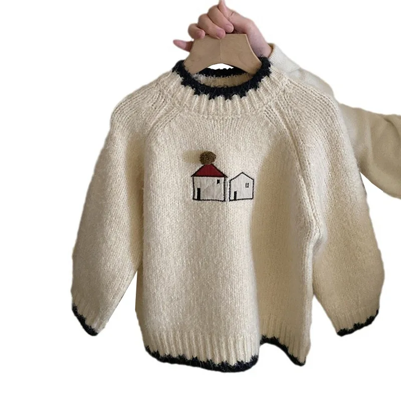 Korean Girls Contrast Cartoon Cute Knitted Sweater 2024 Autumn Winter New Fleece Thickened Polka Dot Pants Fashion Set