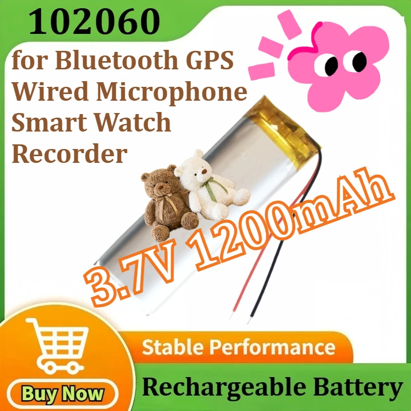 

Upgraded 102060 Lithium Polymer Lipo Rechargeable Battery for Bluetooth GPS Wired Microphone Smart Watch Recorder 3.7V 1200mAh