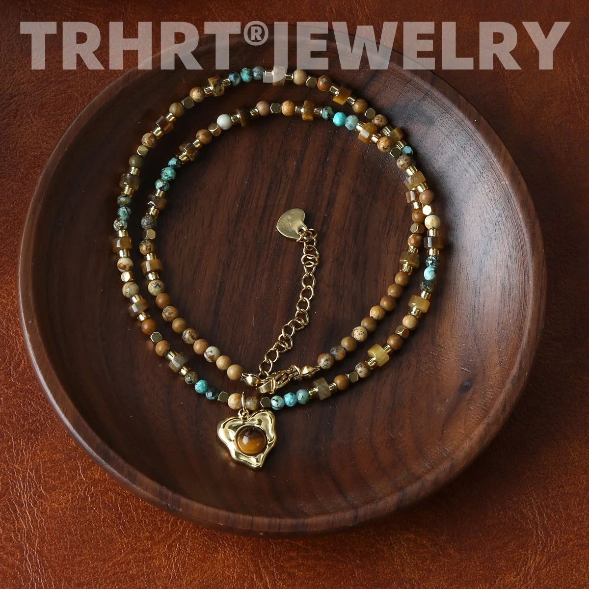 Natural Stone Beads Heart Pedant Chain Trendy Handmade Necklace Golden Summer Stainless Steel Jewelry