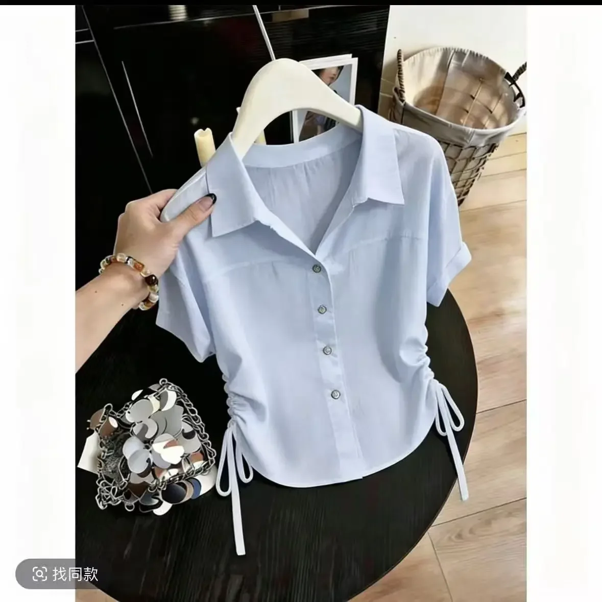 Modische Lässige Polokragen-Bluse mit Kordelzug Einfarbiges Oberteil Damenkleidung Neue Sommer-Kurzarm-Bluse Schlichte Vintage-Eleganz – Detail 5