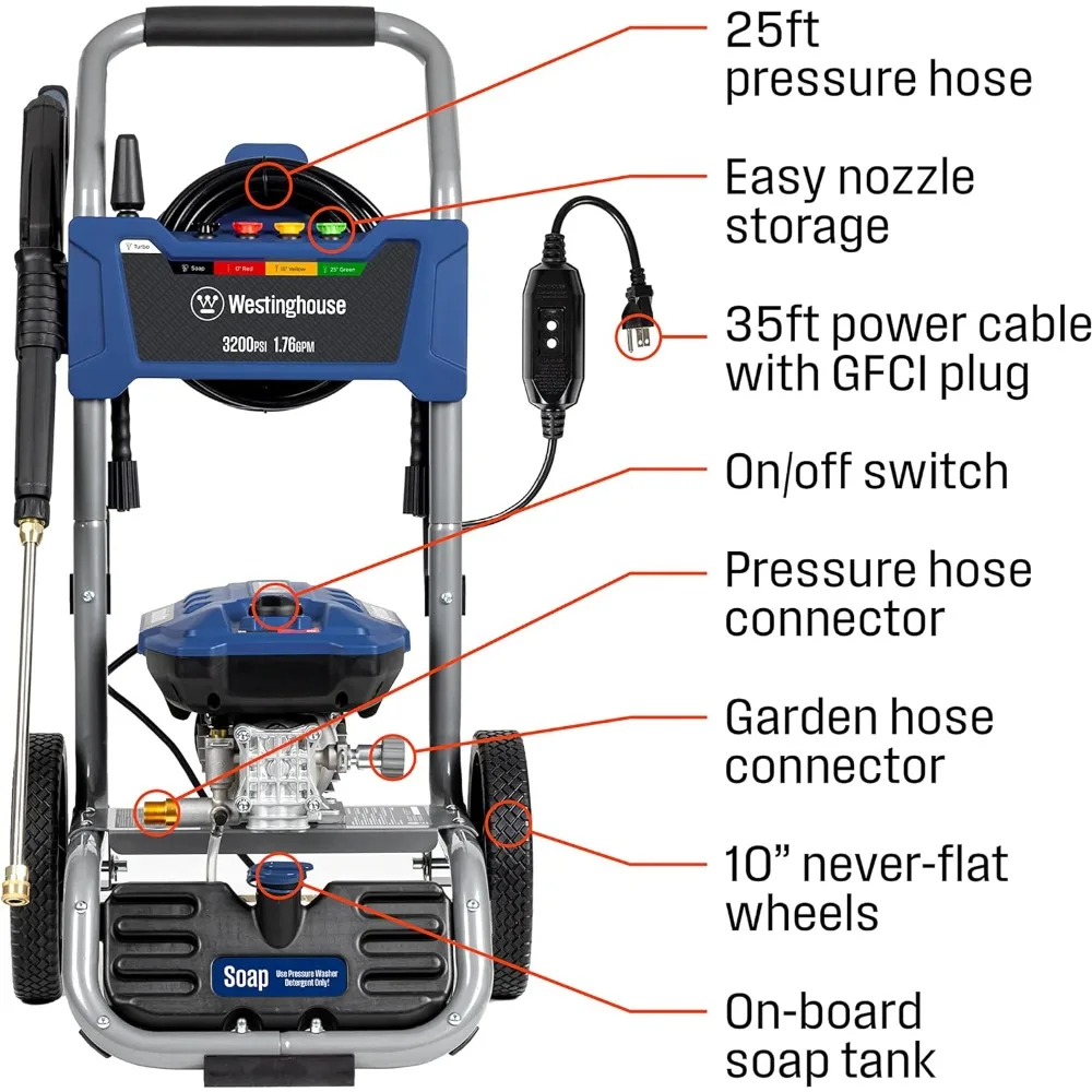 3200 PSI and 1.76 Max GPM, Induction Motor, Onboard Soap Tank, Spray Gun and Wand, 5 Nozzle Set, for Cars Fences Driveways