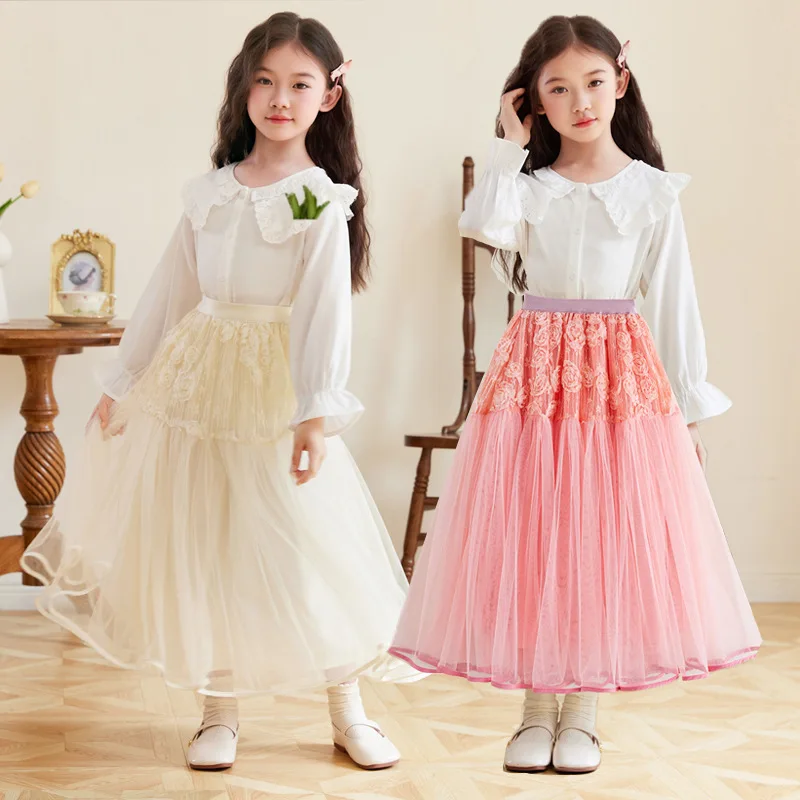 Children Skirt Girls Three-dimensional Flower Mesh Skirt Girls Medium Long Fairy A-line Large Swing Mesh Skirt