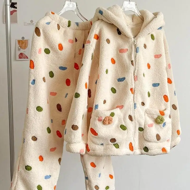 

Girl Coral Fleece Hooded Pajamas Kawaii Dot Autumn and Winter Thicken Keep Warm Loose Leisure Homewear Suit Dopamine New Style