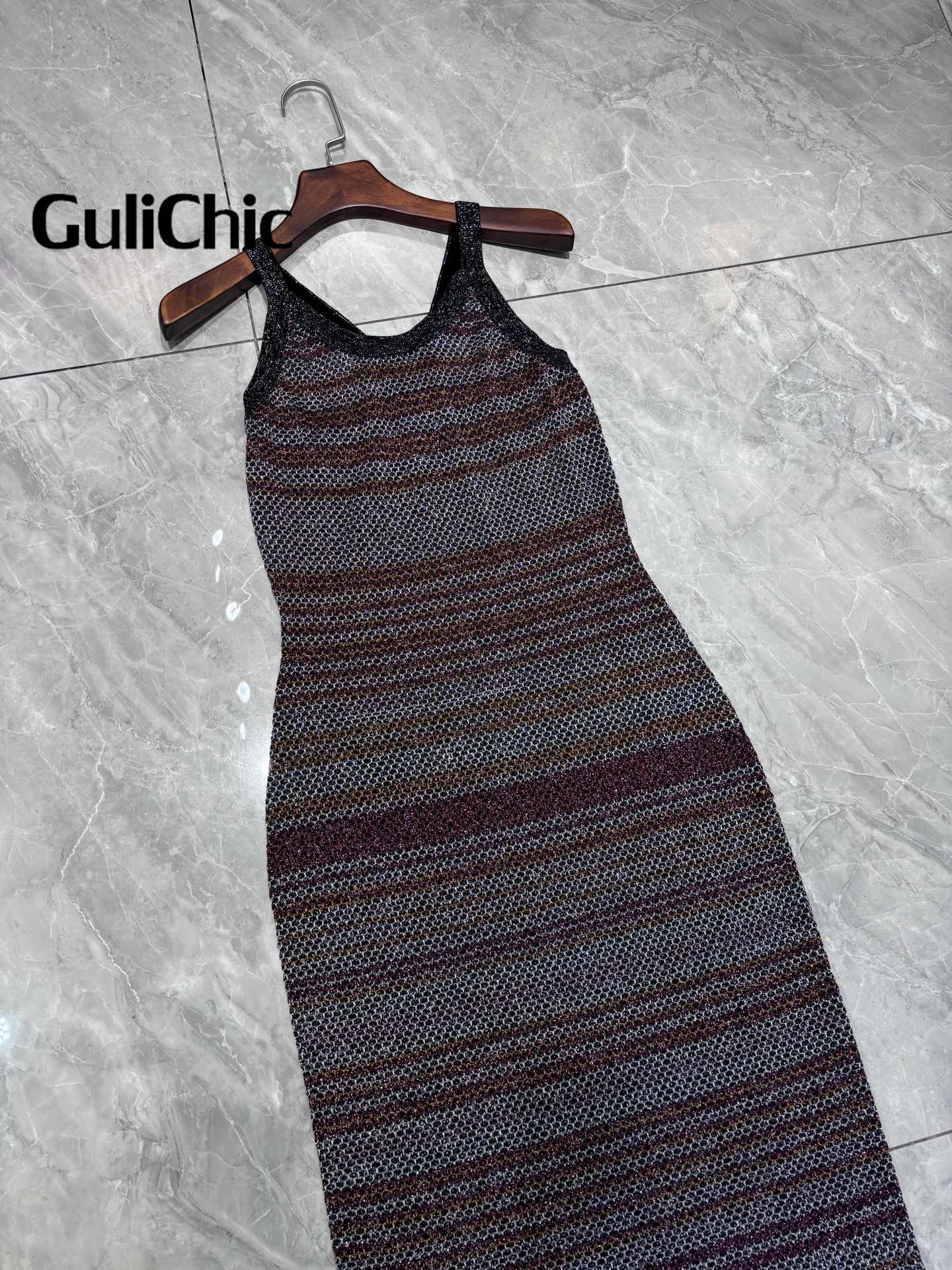 5.13 GuliChic Women High Quality Elegant Sheath Straps Dress Shiny Metallic U-Neck Sleeveless Slim Striped Knit Dresses Ladies