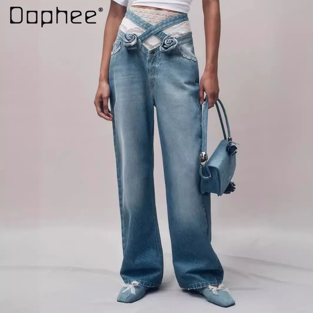 Summer Hot Girl Cross Hollow Jeans 2024 Sexy Waist Hollow-out Slimming Three-Dimensional Flowers Straight Denim Wide Leg Pants