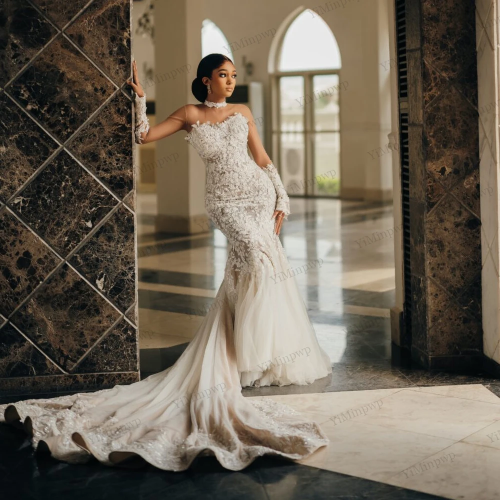 

African Lace Mermaid Wedding Dresses for Bride Long Sleeve Sweep Train Corset Beaded Sequined Luxury Bridal Gowns Customized