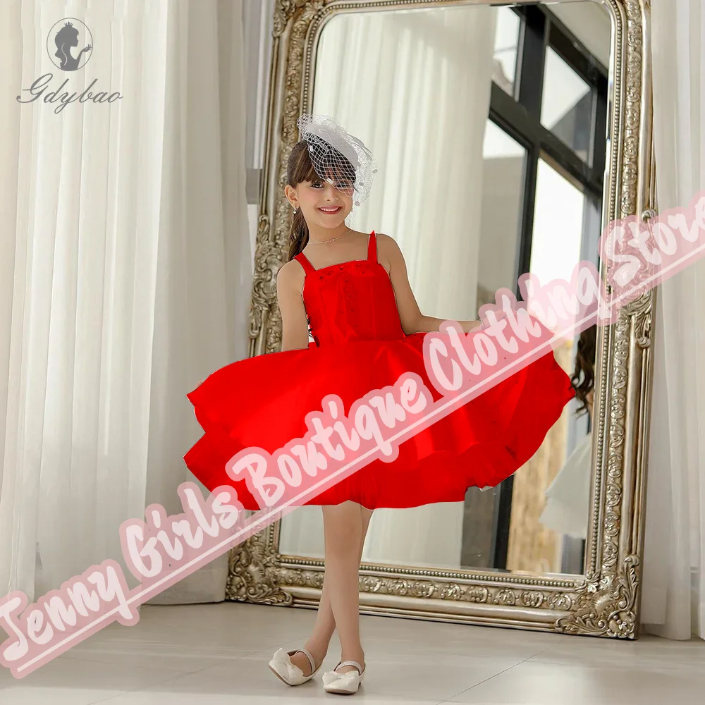 Elfenbein Satin Geburtstags feier Kleid Spaghetti träger Blumen Mädchen Kleider elegante flauschige Schichtung offizielle Veranstaltungen