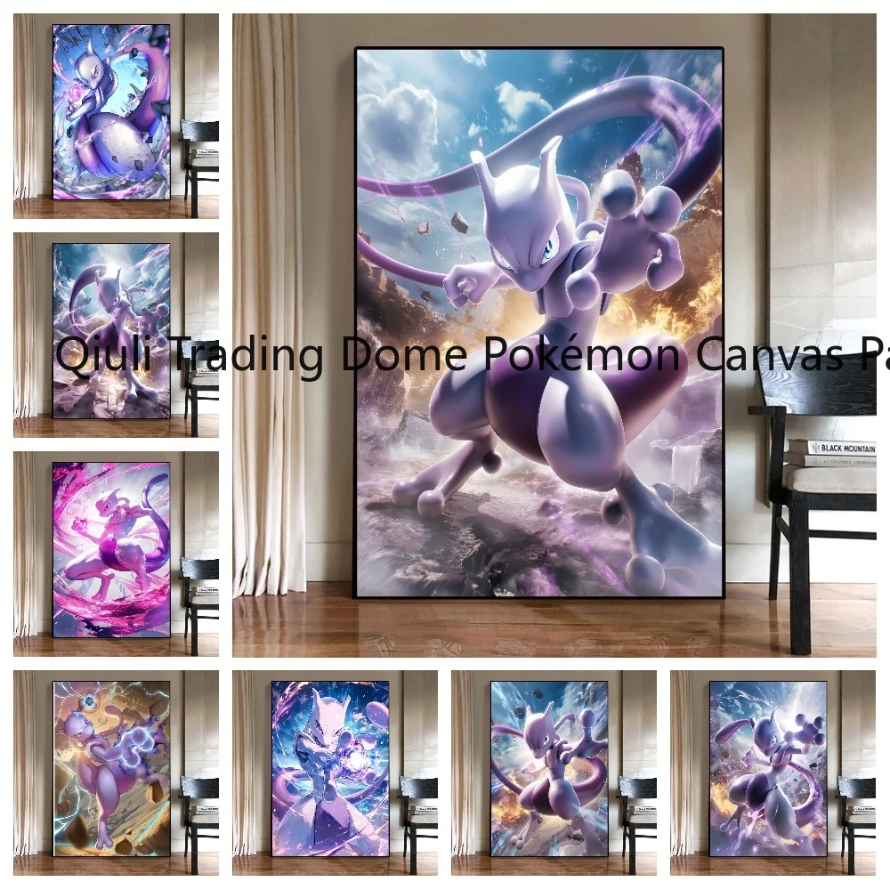 

Pokemon Japan Anime Peripherals Mewtwo HD Poster Mural Home Decoration Cartoon Wall Art Water Colours Canvas Painting Kids Gift