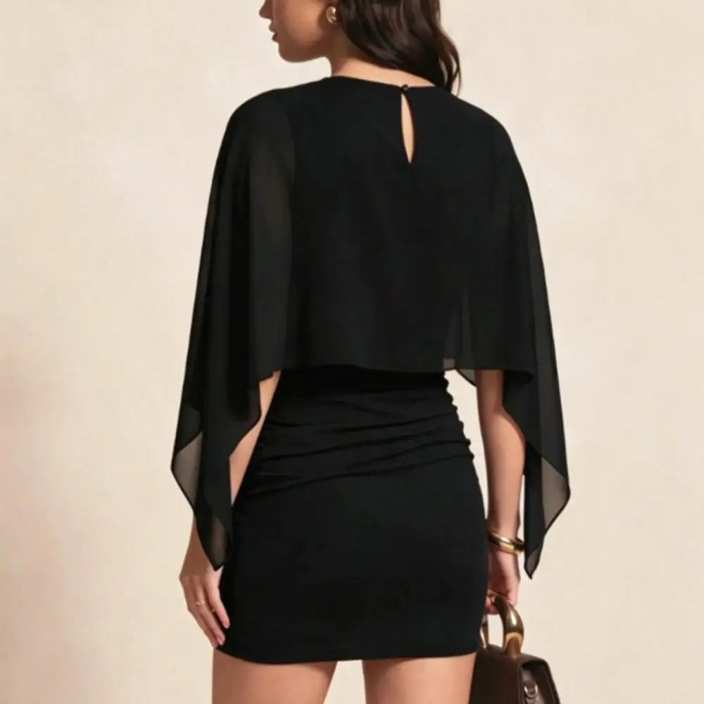 Chic Cape Mini Dress Women Fall O Neck Bodycon Skirt Slim Fit Fashion Street Style Elegant Party Daily Commuter Dresses