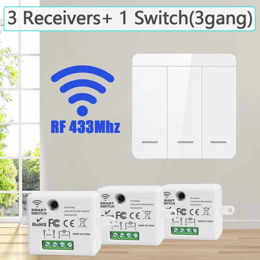 Draadloze Licht Wandschakelaar Relais Ontvanger RF 433Mhz 1/2/3Gang Paneel Schakelaar Afstandsbediening onderbreker voor LED Lamp 10A 110V 220V