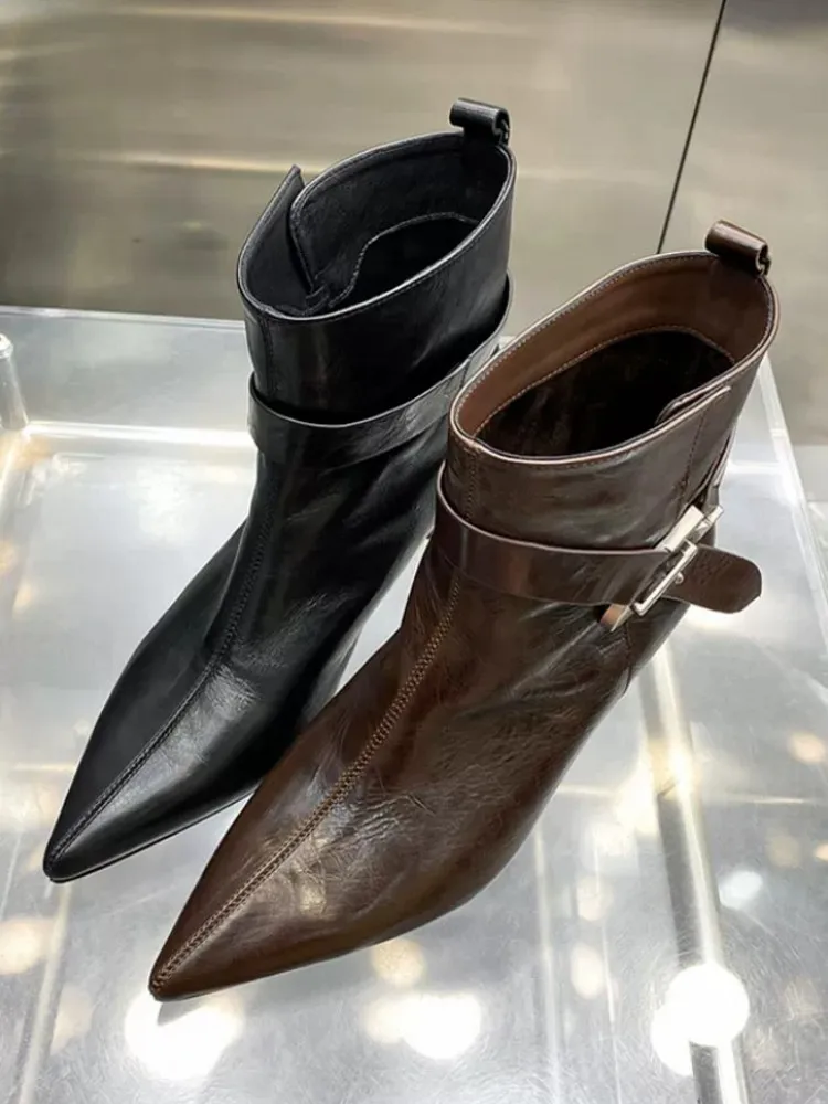Elegant Women Autumn Pointed Toe High Heels Ankle Boots Buckle Design Cowhide Genuine Leather Work Shoes Vintage High Top Boots