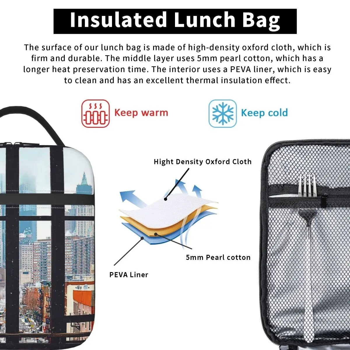New York City Window Insulated Lunch Bag for Women Children Leakproof Food Boxes Thermal Lunch Box Tote
