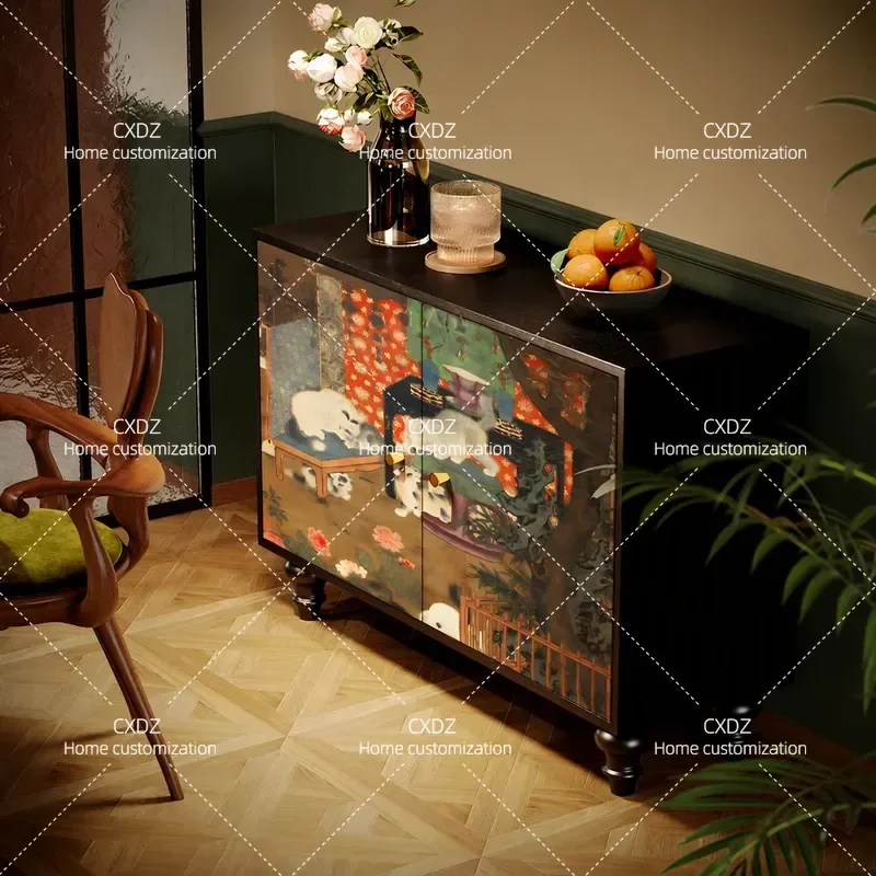 French Chinese style cat play Solid wood tall cabinet Living room against the wall Storage dining room locker Decorative