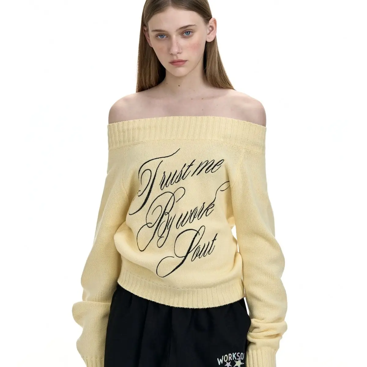 Korean Y2K Fashion Letters Printing Sweater Yellow Off Shoulder Loose Sexy Knitwear Jumper Tops Grunge Sweet Women Girls Tops